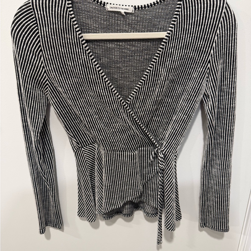 Caution To The Wind Monochrome Striped Wrap Blouse